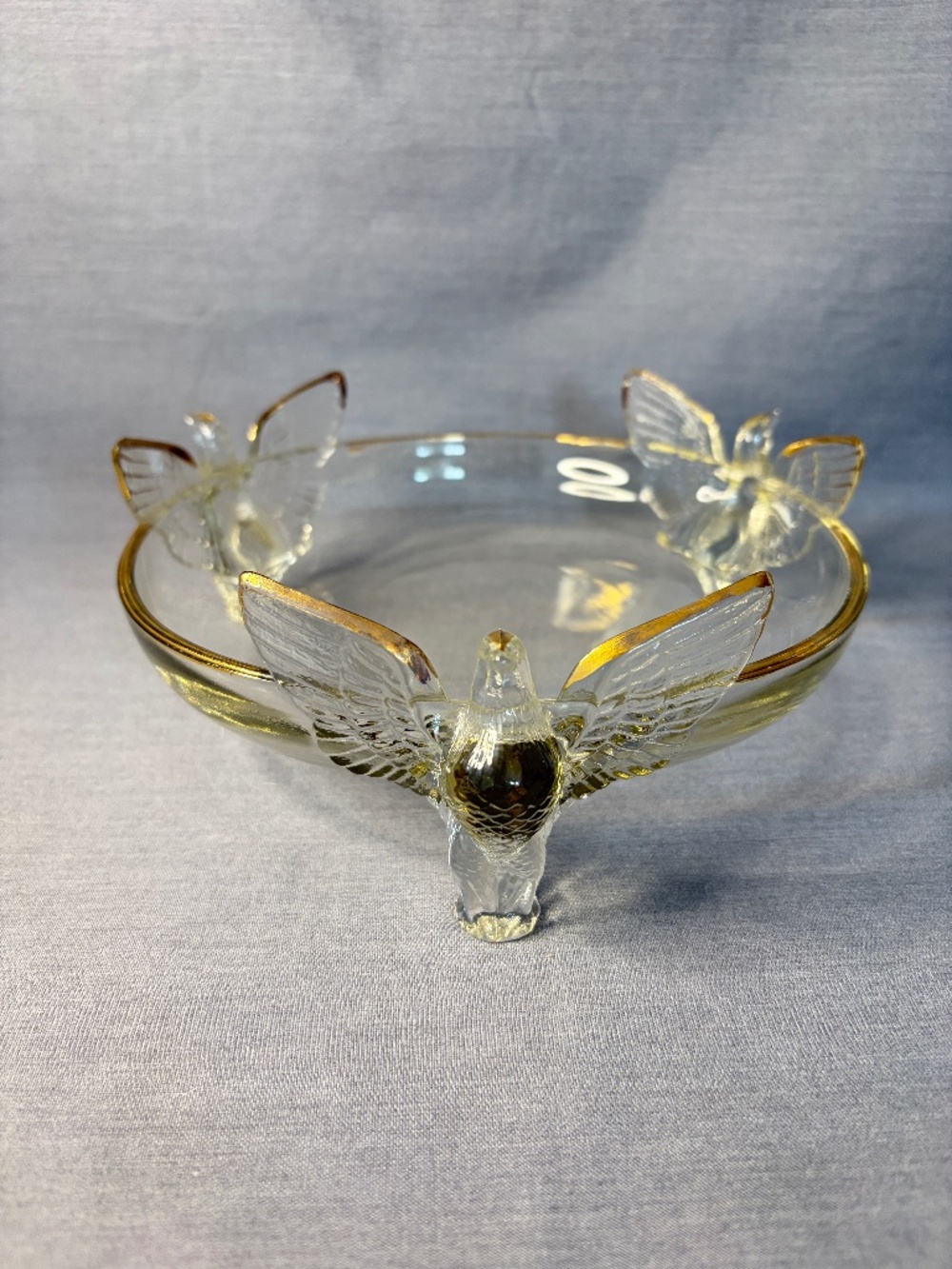Vintage Jeanette Glass Three Eagle Bird Footed Bowl Candy Dish Gold Trim 7"